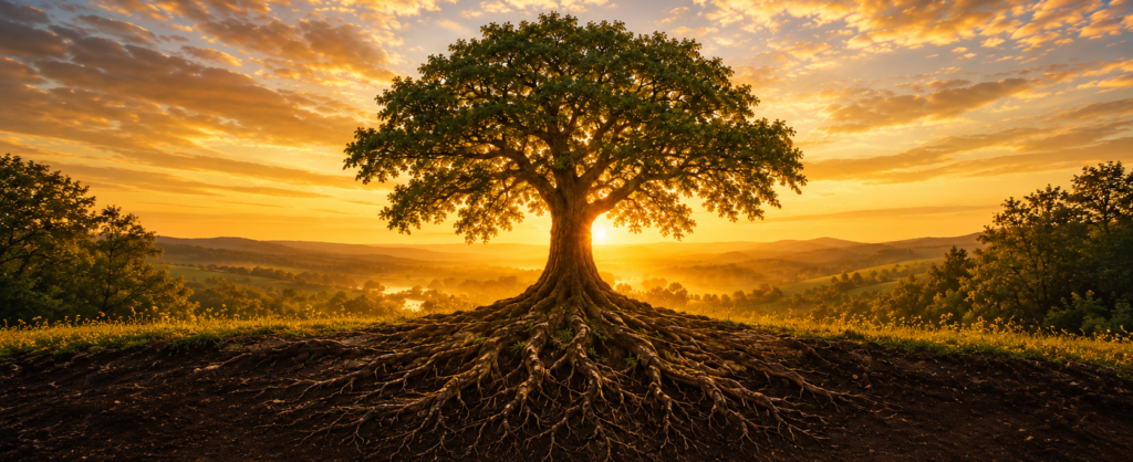 Large oak tree with deep roots at sunrise overlooking a peaceful landscape.