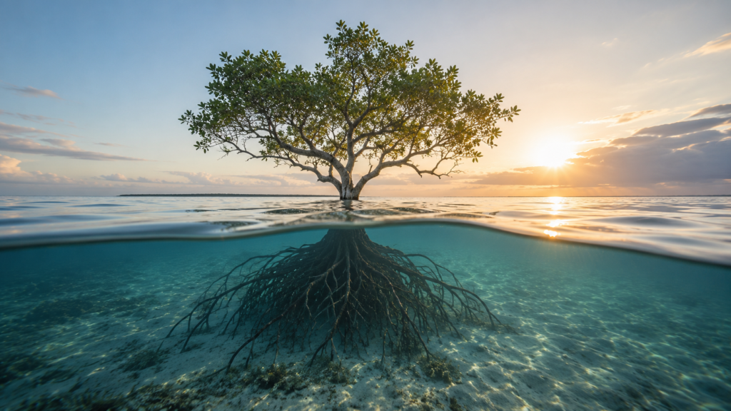 Tree growing above water with roots visible beneath the surface at sunrise.