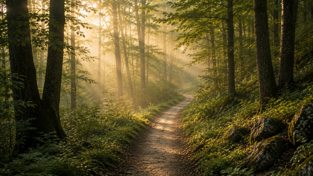 A winding forest trail through tall trees, illuminated by soft golden morning light and gentle mist.