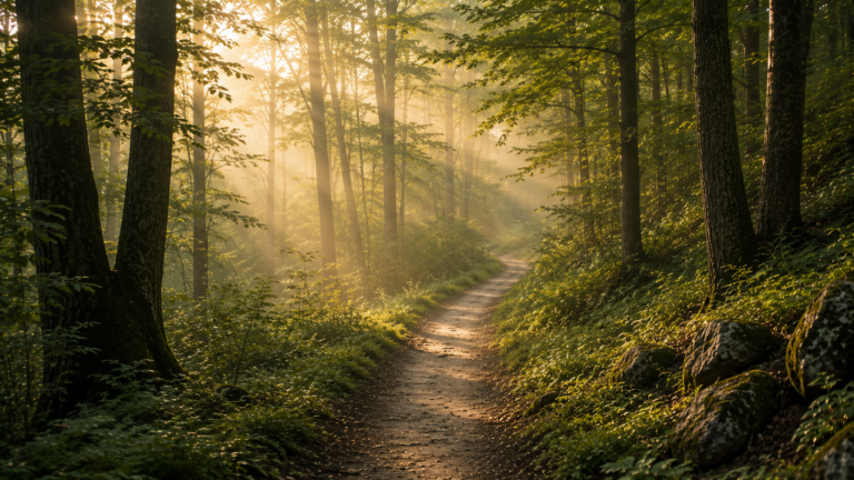 A winding forest trail through tall trees, illuminated by soft golden morning light and gentle mist.
