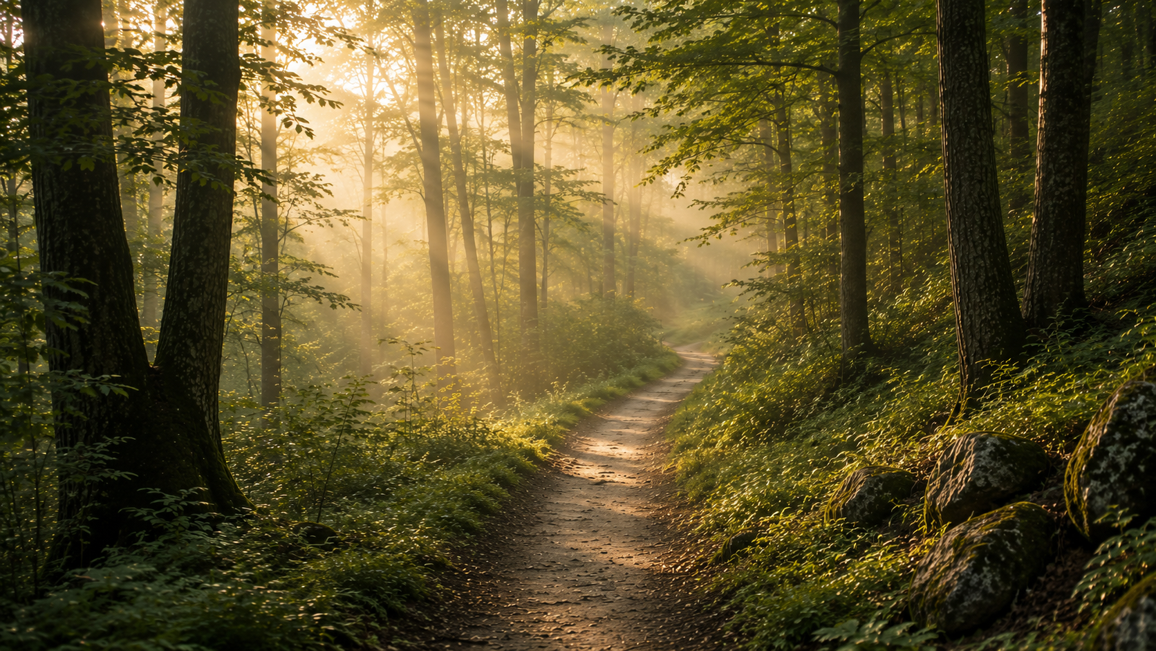 A winding forest trail through tall trees, illuminated by soft golden morning light and gentle mist.