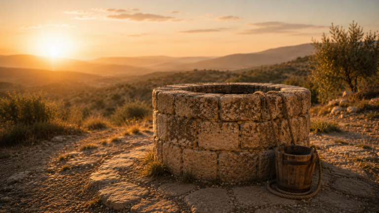 Old stone well and wooden bucket overlooking rolling hills at sunrise.